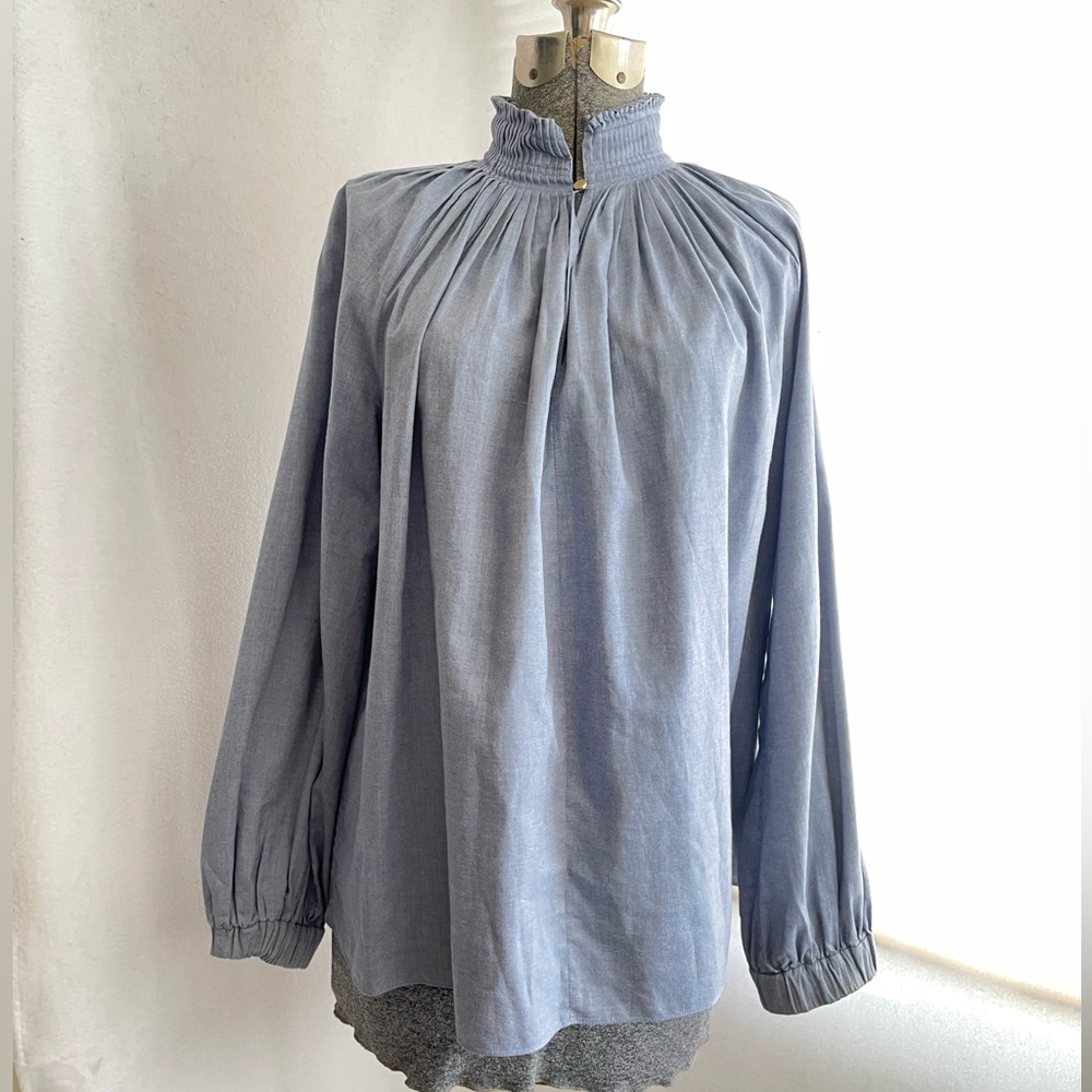 Tibi chambray twill pleated Edwardian top